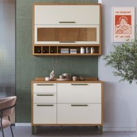 Armário de Cozinha Modulada com Balcão e Tampo 4 Portas 3 Gavetas ágata 100% Mdf Vidro Reflecta Amêndoa/Off White -