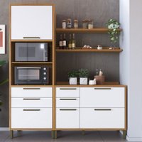 Armário de Cozinha com Balcão e Tampo 4 Portas 5 Gavetas Pérola 100% Mdf Vidro Reflecta Amêndoa/Branco - Pnr Móveis