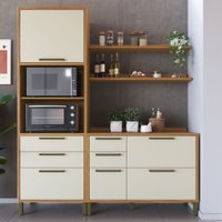 Armário de Cozinha com Balcão e Tampo 4 Portas 5 Gavetas Pérola 100% Mdf Vidro Reflecta Amêndoa/Off White - Pnr