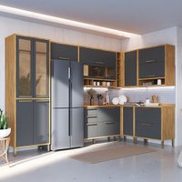 Armário de Cozinha Canto com Balcão e Tampo 14 Portas 4 Gavetas Pérola 100% Mdf Vidro Reflecta Amêndoa/Chumbo - Pnr