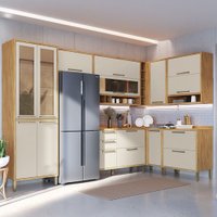 Armário de Cozinha Canto com Balcão e Tampo 14 Portas 4 Gavetas Pérola 100% Mdf Vidro Reflecta Amêndoa/White - Pnr