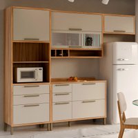 Armário de Cozinha Modulada com Balcão e Tampo 7 Portas 5 Gavetas ágata 100% Mdf Vidro Reflecta Amêndoa/Off White -