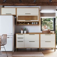 Armário de Cozinha Modulada com Balcão e Tampo 6 Portas 4 Gavetas ágata 100% Mdf Vidro Reflecta Amêndoa/Off White -