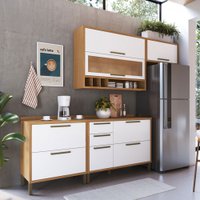 Armário de Cozinha com Balcão e Tampo 5 Portas 5 Gavetas Pérola 100% Mdf Vidro Reflecta Amêndoa/Branco - Pnr Móveis