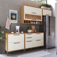 Armário de Cozinha com Balcão e Tampo 5 Portas 5 Gavetas Pérola 100% Mdf Vidro Reflecta Amêndoa/Off White - Pnr