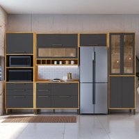 Armário de Cozinha Modulada com Balcão e Tampo 11 Portas 5 Gavetas ágata 100% Mdf Vidro Reflecta Amêndoa/Chumbo -