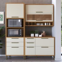 Armário de Cozinha Modulada com Balcão e Tampo 6 Portas 5 Gavetas ágata 100% Mdf Vidro Reflecta Amêndoa/Off White -