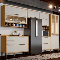 Armário de Cozinha com Balcão e Tampo 12 Portas 4 Gavetas Pérola 100% Mdf Vidro Reflecta Amêndoa/Off White - Pnr