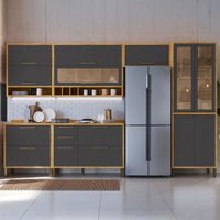 Armário de Cozinha Modulada com Balcão e Tampo 12 Portas 4 Gavetas ágata 100% Mdf Vidro Reflecta Amêndoa/Chumbo -