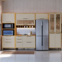 Armário de Cozinha Modulada com Balcão e Tampo 11 Portas 5 Gavetas ágata 100% Mdf Vidro Reflecta Amêndoa/Off White -
