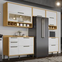 Armário de Cozinha Modulada com Balcão e Tampo 8 Portas 4 Gavetas ágata 100% Mdf Vidro Reflecta Amêndoa/Branco - Pnr