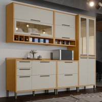 Armário de Cozinha com Balcão e Tampo 11 Portas 4 Gavetas Pérola 100% Mdf Vidro Reflecta Amêndoa/Off White - Pnr