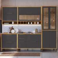 Armário de Cozinha Modulada com Balcão e Tampo 11 Portas 4 Gavetas ágata 100% Mdf Vidro Reflecta Amêndoa/Chumbo -