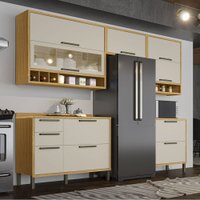 Armário de Cozinha Modulada com Balcão e Tampo 8 Portas 4 Gavetas ágata 100% Mdf Vidro Reflecta Amêndoa/Off White -