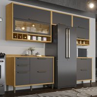 Armário de Cozinha Modulada com Balcão e Tampo 8 Portas 4 Gavetas ágata 100% Mdf Vidro Reflecta Amêndoa/Chumbo - Pnr