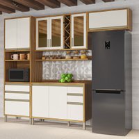 Armário de Cozinha Modulada com Balcão e Tampo 9 Portas 5 Gavetas Pérola 100% Mdf Vidro Reflecta Amêndoa/Off White -