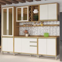 Armário de Cozinha Modulada com Balcão e Tampo 12 Portas 3 Gavetas Pérola 100% Mdf Vidro Reflecta Amêndoa/Off White
