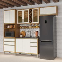 Armário de Cozinha com Balcão para Pia 9 Portas 5 Gavetas Pérola 100% Mdf Vidro Reflecta Amêndoa/Off White - Pnr
