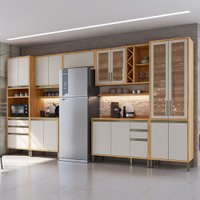 Armário de Cozinha Modulada com Balcão e Tampo 16 Portas 5 Gavetas Pérola Premium 100% Mdf Vidro Reflecta
