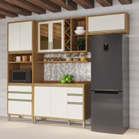 Armário de Cozinha Modulada com Balcão e Tampo 8 Portas 5 Gavetas Pérola 100% Mdf Vidro Reflecta  Amêndoa/Off White