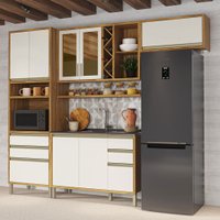 Armário de Cozinha Modulada com Balcão para Pia 8 Portas 5 Gavetas Pérola 100% Mdf Vidro Reflecta Amêndoa/Off White