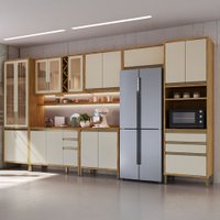 Armário de Cozinha Modulada com Balcão e Tampo 17 Portas 5 Gavetas Pérola 100% Mdf Vidro Reflecta Amêndoa/Off White
