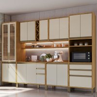 Armário de Cozinha com Balcão e Tampo 16 Portas 5 Gavetas Pérola Plus com Prateleiras 100% Mdf Vidro Reflecta