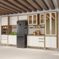 Armário de Cozinha com Balcão e Tampo 17 Portas 5 Gavetas Pérola Premium com Prateleiras 100% Mdf Vidro Reflecta