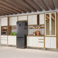 Armário de Cozinha Modulada com Balcão e Tampo 17 Portas 5 Gavetas Pérola Plus com Prateleiras 100% Mdf Vidro