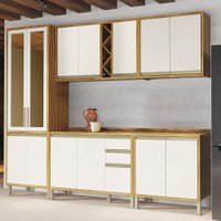 Armário de Cozinha Modulada com Balcão e Tampo 13 Portas 3 Gavetas Pérola 100% Mdf Vidro Reflecta Amêndoa/Off White