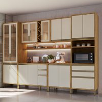 Armário de Cozinha com Balcão e Tampo 16 Portas 5 Gavetas Pérola 100% Mdf Vidro Reflecta Amêndoa/Off White - Pnr