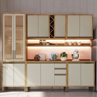 Armário de Cozinha com Balcão e Tampo 13 Portas 3 Gavetas Pérola Plus com Prateleiras 100% Mdf Vidro Reflecta