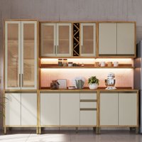 Armário de Cozinha Modulada com Balcão e Tampo 13 Portas 3 Gavetas Pérola Premium 100% Mdf Vidro Reflecta
