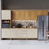 Armário de Cozinha Modulada com Balcão e Tampo 14 Portas 3 Gavetas Nice Fresado 100% Mdf Amêndoa/Off White - Pnr