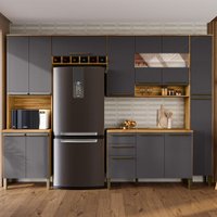 Armário de Cozinha com Balcão e Tampo 13 Portas 2 Gavetas Xangai 100% Mdf Vidro Reflecta Amêndoa/Chumbo - Pnr Móveis