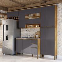 Armário de Cozinha Modulada com Balcão e Tampo 11 Portas 2 Gavetas Xangai 100% Mdf com Vidro Reflecta Amêndoa/Chumbo