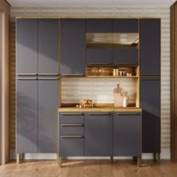 Armário de Cozinha com Balcão e Tampo 12 Portas 2 Gavetas Xangai 100% Mdf Vidro Reflecta Amêndoa/Chumbo - Pnr Móveis