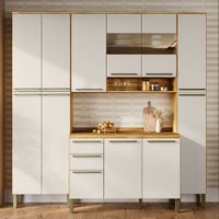 Armário de Cozinha Modulada com Balcão e Tampo 12 Portas 2 Gavetas Xangai 100% Mdf com Vidro Reflecta Amêndoa/Off