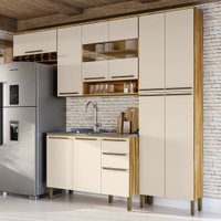 Armário de Cozinha Modulada com Balcão e Tampo 11 Portas 2 Gavetas Xangai 100% Mdf com Vidro Reflecta Amêndoa/Off