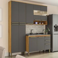 Armário de Cozinha Modulada com Balcão e Tampo 10 Portas 2 Gavetas Xangai 100% Mdf com Vidro Reflecta Amêndoa/Chumbo