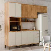 Armário de Cozinha com Balcão e Tampo 10 Portas 3 Gavetas Nice Fresado com Prateleira 100% Mdf Amêndoa/Off White -