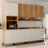 Armário de Cozinha Modulada com Balcão e Tampo 13 Portas 3 Gavetas Nice Fresado com Prateleira 100% Mdf Amêndoa/Off
