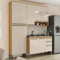 Armário de Cozinha com Balcão e Tampo 10 Portas 2 Gavetas Xangai 100% Mdf Vidro Reflecta Amêndoa/Off White - Pnr