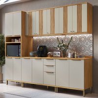 Armário de Cozinha Modulada com Balcão e Tampo 13 Portas 3 Gavetas Nice Canelado 100% Mdf Amêndoa/Off White - Pnr