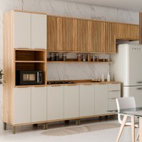 Armário de Cozinha Modulada com Balcão e Tampo 14 Portas 3 Gavetas Nice Fresado com Prateleira 100% Mdf Amêndoa/Off
