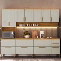 Armário de Cozinha Americana Modulada com Balcão e Tampo 13 Portas 3 Gavetas Texas 100% Mdf Amêndoa/Off White - Pnr