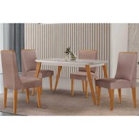 Sala Jantar Mesa Havana Curvo 120cm + 4 Cadeiras Dakota Naturale/Off White - Capuccino/Linho Capuccino - Rufato