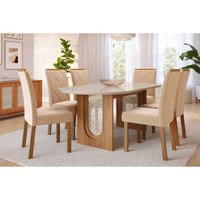 Sala Jantar Mesa Valentina Oval 210cm + 6 Cadeiras Fernanda Cinamomo/Off White - Carvalho/Suede Nude Bege - Cimol
