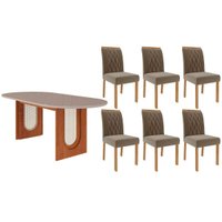 Sala Jantar Mesa Valentina Oval 210cm + 6 Cadeiras Juliana Cinamomo/Off White - Carvalho/Suede Joli Capuccino - Cimol