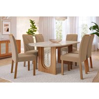 Sala Jantar Mesa Valentina Oval 210cm + 6 Cadeiras Fernanda Cinamomo/Off White - Carvalho/Linho Bege - Cimol